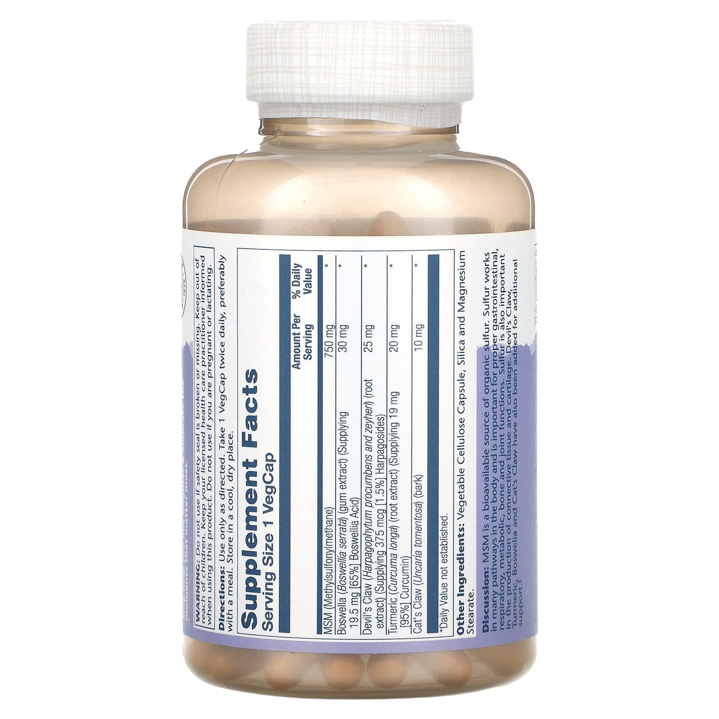 Solaray, MSM with Turmeric, Boswellia & Devil’s Claw, 750 mg, 180 VegCaps UPC 076280008661 | HiLife Vitamins