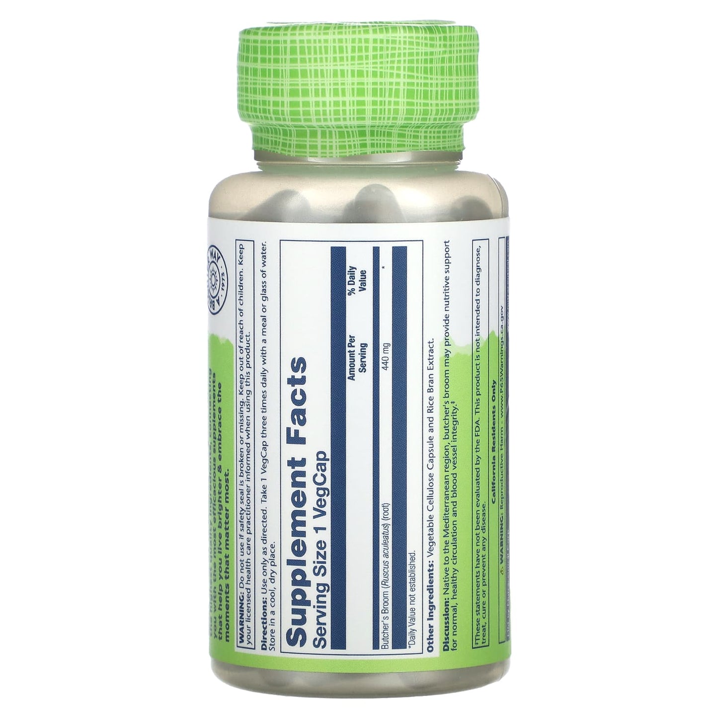 Solaray, Butcher's Broom 440mg, 100 VegCaps UPC 076280011159 | HiLife Vitamins
