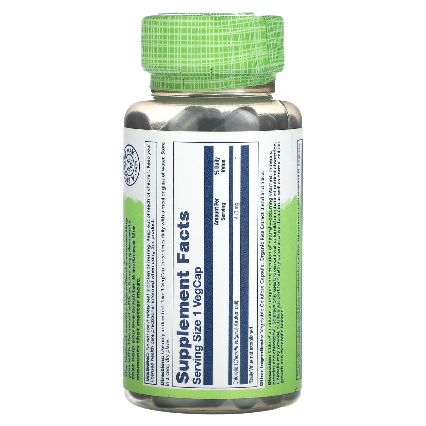 Solaray, True Herbs, Broken Cell Chlorella, 410 mg, 100 VegCaps UPC 076280011845 | HiLife Vitamins