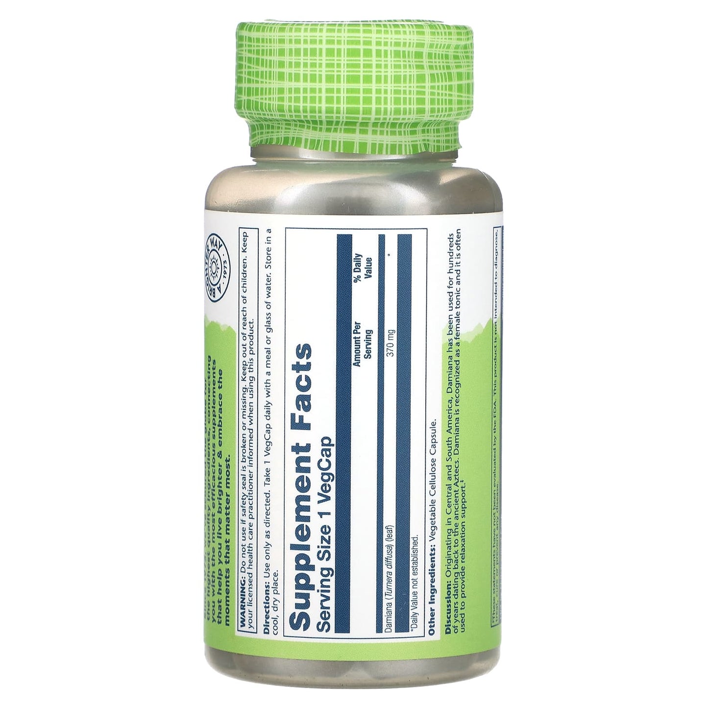 Solaray, True Herbs, Damiana, 370 mg, 100 VegCaps UPC 076280012002 | HiLife Vitamins