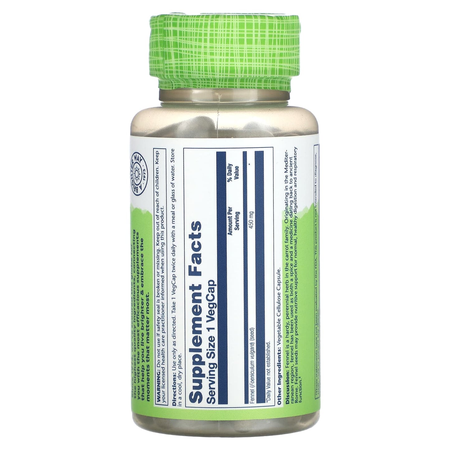 Solaray, True Herbs, Fennel, 450 mg, 100 VegCaps UPC 076280012606 | HiLife Vitamins