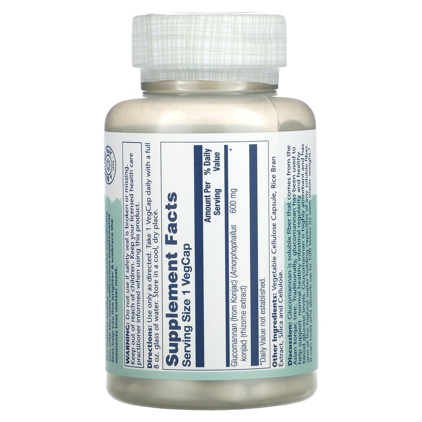 Solaray, Glucomannan 600 mg, 100 VegCaps UPC 076280013214 | HiLife Vitamins