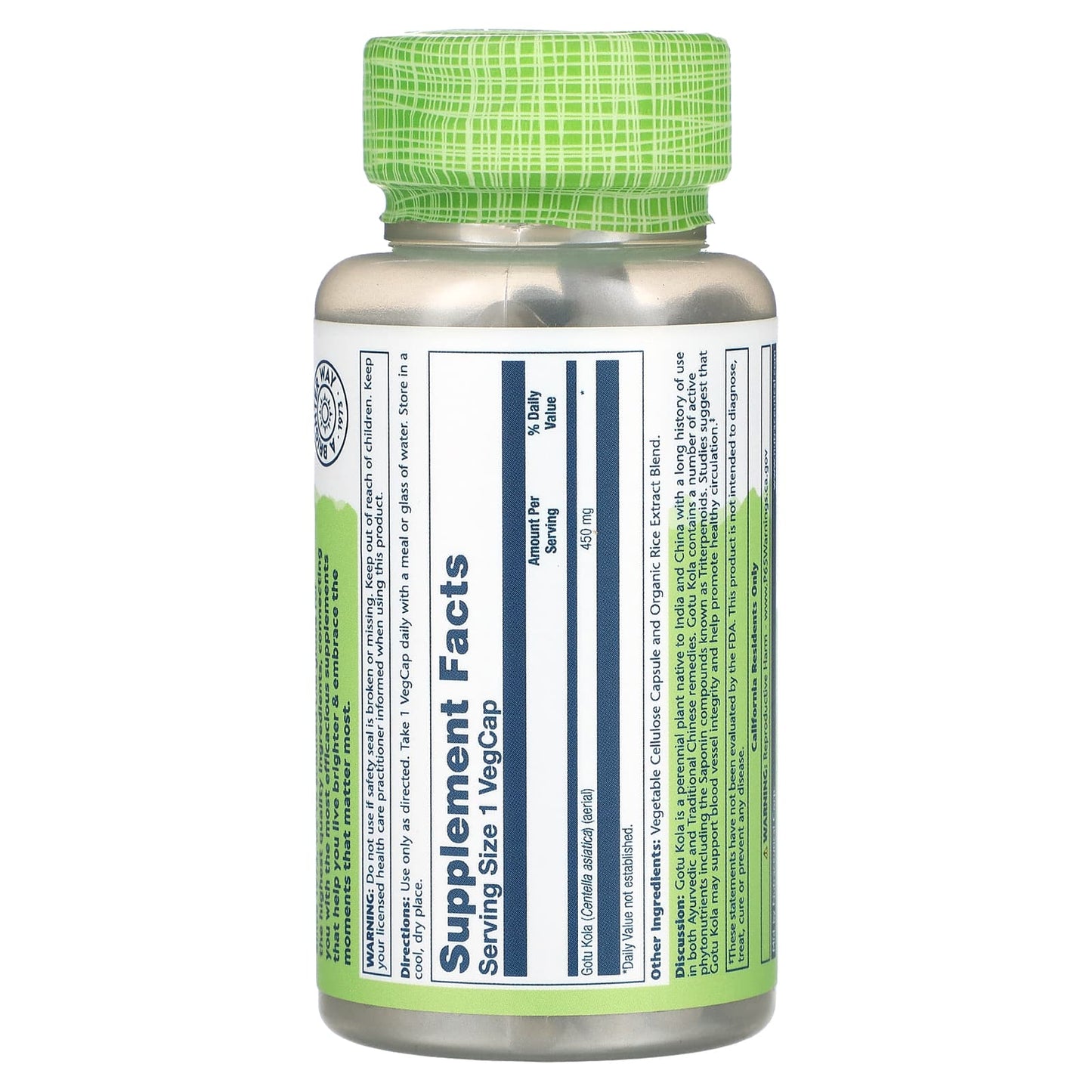 Solaray, True Herbs, Gotu Kola, 450 mg, 100 VegCaps UPC 076280013306 | HiLife Vitamins