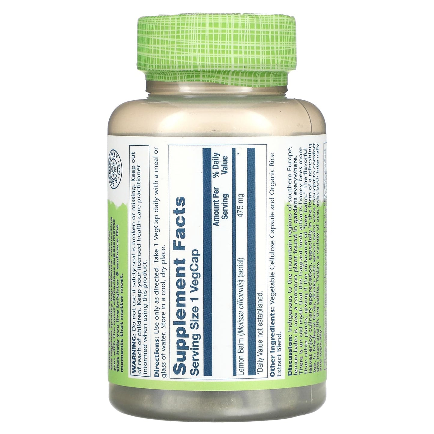 Solaray, Lemon Balm, 475 mg, 100 VegCaps UPC 076280013672 | HiLife Vitamins