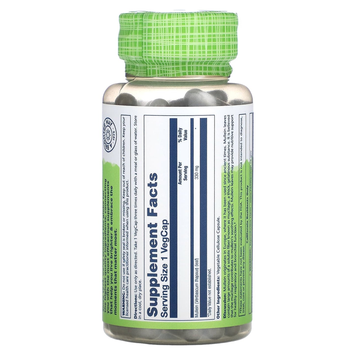 Solaray, Mullein Leaves 330 mg, 100 VegCaps UPC 076280013900 | HiLife Vitamins