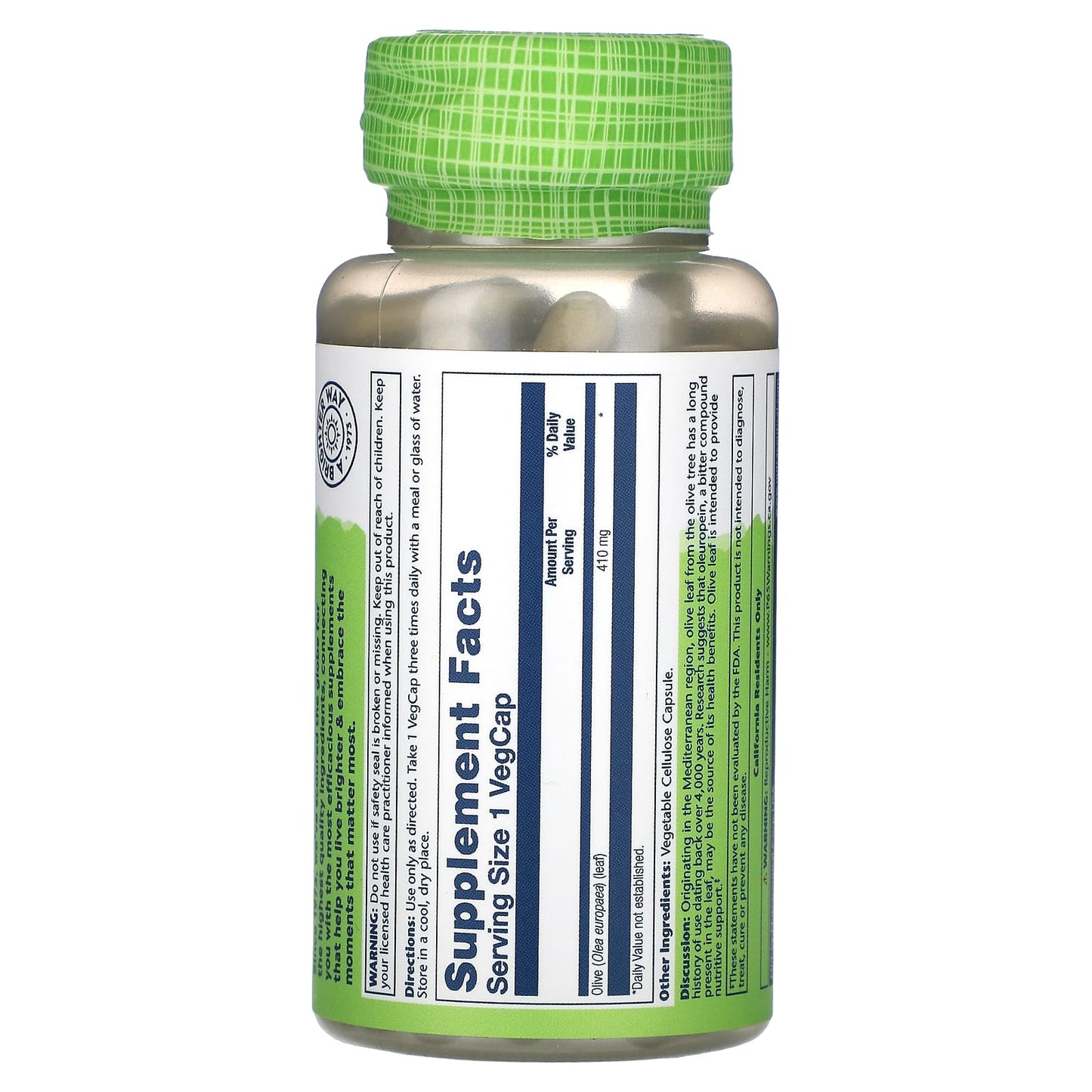 Solaray, True Herbs, Olive Leaf, 410 mg, 100 VegCaps UPC 076280014136 | HiLife Vitamins