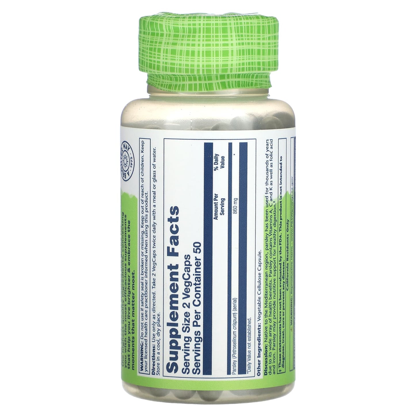 Solaray, True Herbs, Parsley Leaf, 860 mg, 100 VegCaps UPC 076280014204 | HiLife Vitamins