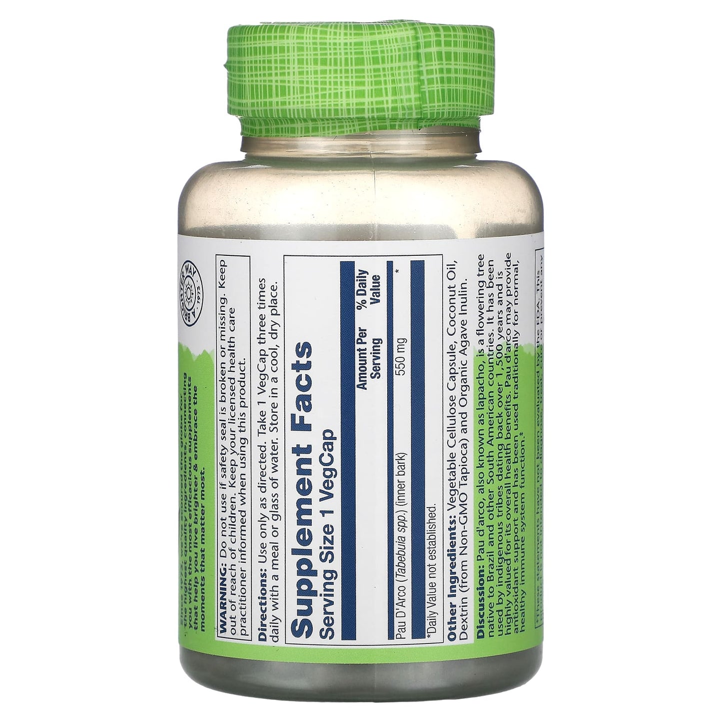 Solaray, Pau D'Arco, 550 mg, 100 VegCaps UPC 076280014402 | HiLife Vitamins