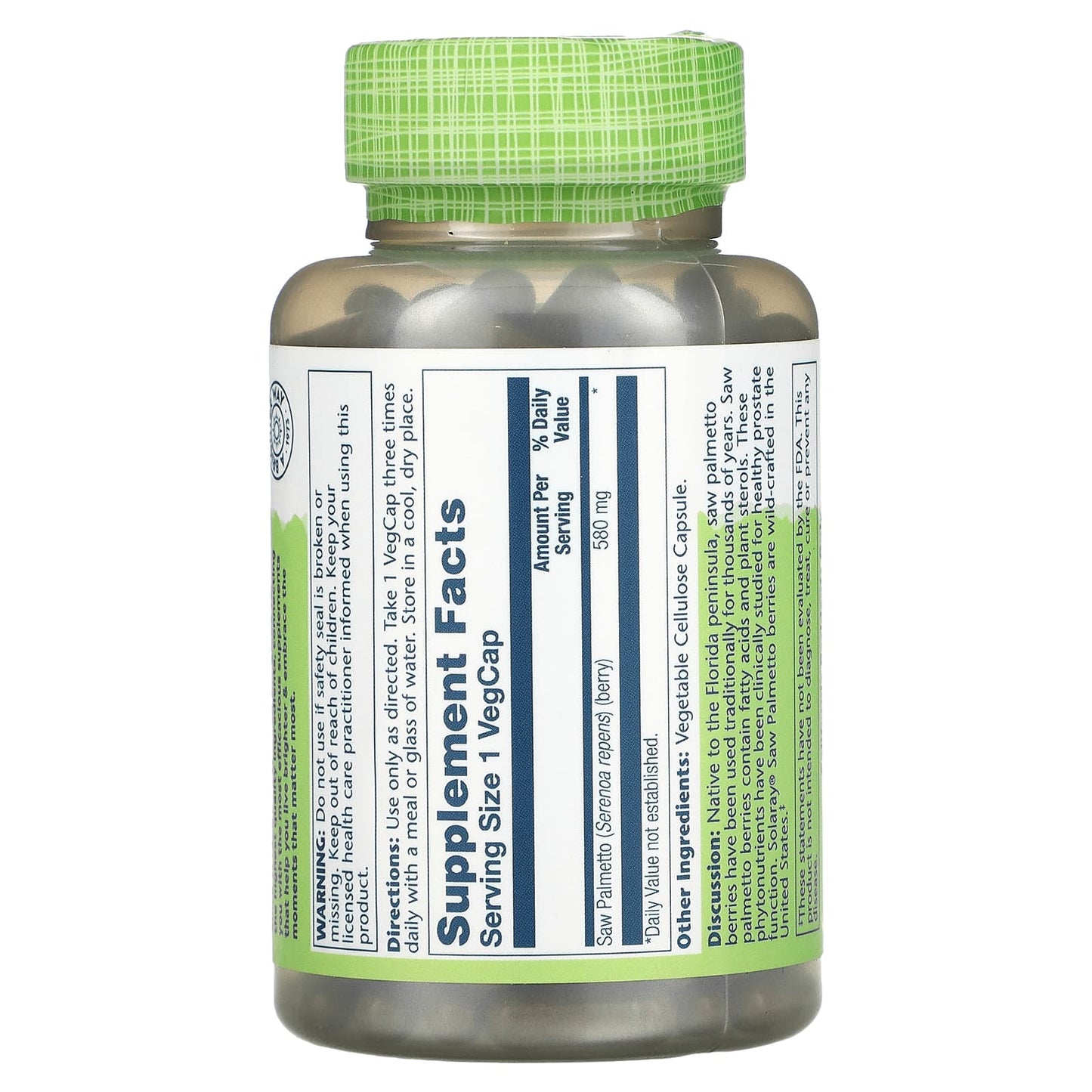 Solaray, Saw Palmetto Berries 580mg, 180 VegCaps UPC 076280015515 | HiLife Vitamins