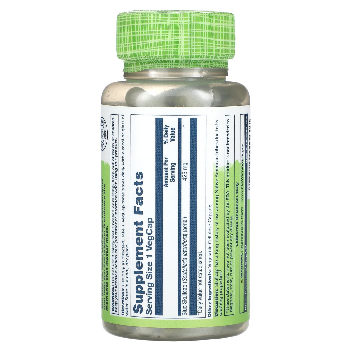 Solaray, True Herbs, Blue Skullcap, 425 mg, 100 VegCaps UPC 076280015607 | HiLife Vitamins