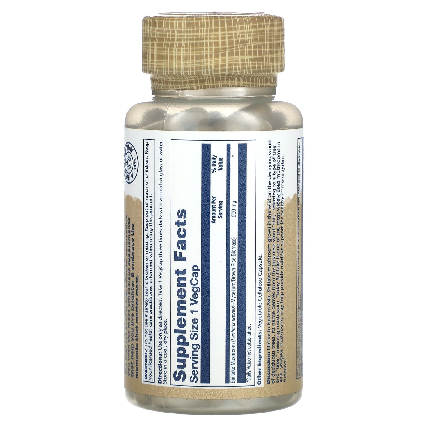 Solaray, Mushrooms, Shiitake Mushroom, 600 mg, 100 VegCaps UPC 076280015805 | HiLife Vitamins