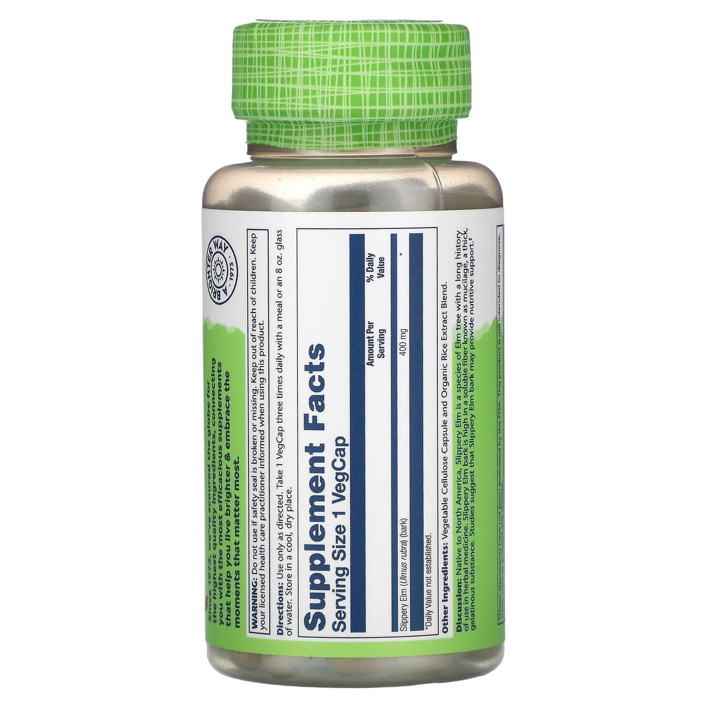Solaray, Slippery Elm Bark 400 mg, 100 VegCaps UPC 076280015904 | HiLife Vitamins