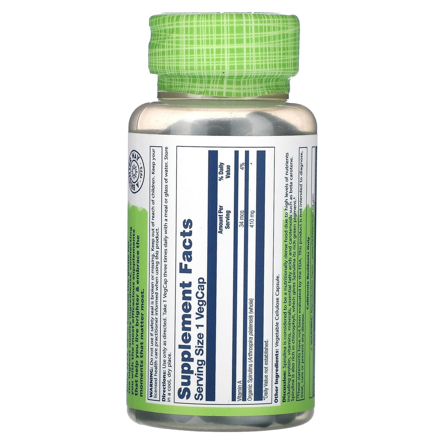 Solaray, True Herbs, Spirulina, 410 mg, 100 VegCaps UPC 076280016000 | HiLife Vitamins