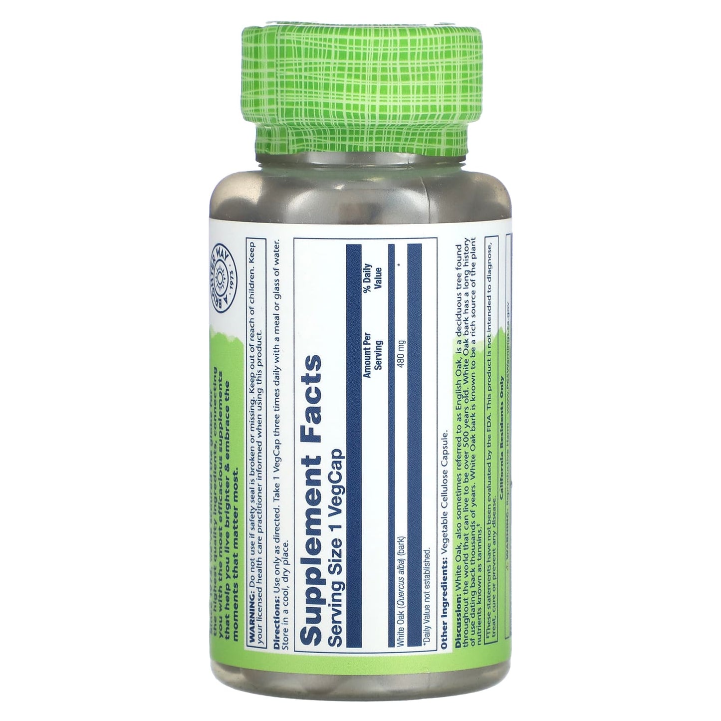 Solaray, True Herbs, White Oak, 480 mg, 100 VegCaps UPC 076280016505 | HiLife Vitamins