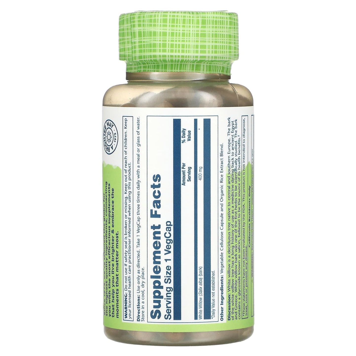 Solaray, White Willow Bark 400 mg, 100 VegCaps UPC 076280016604 | HiLife Vitamins