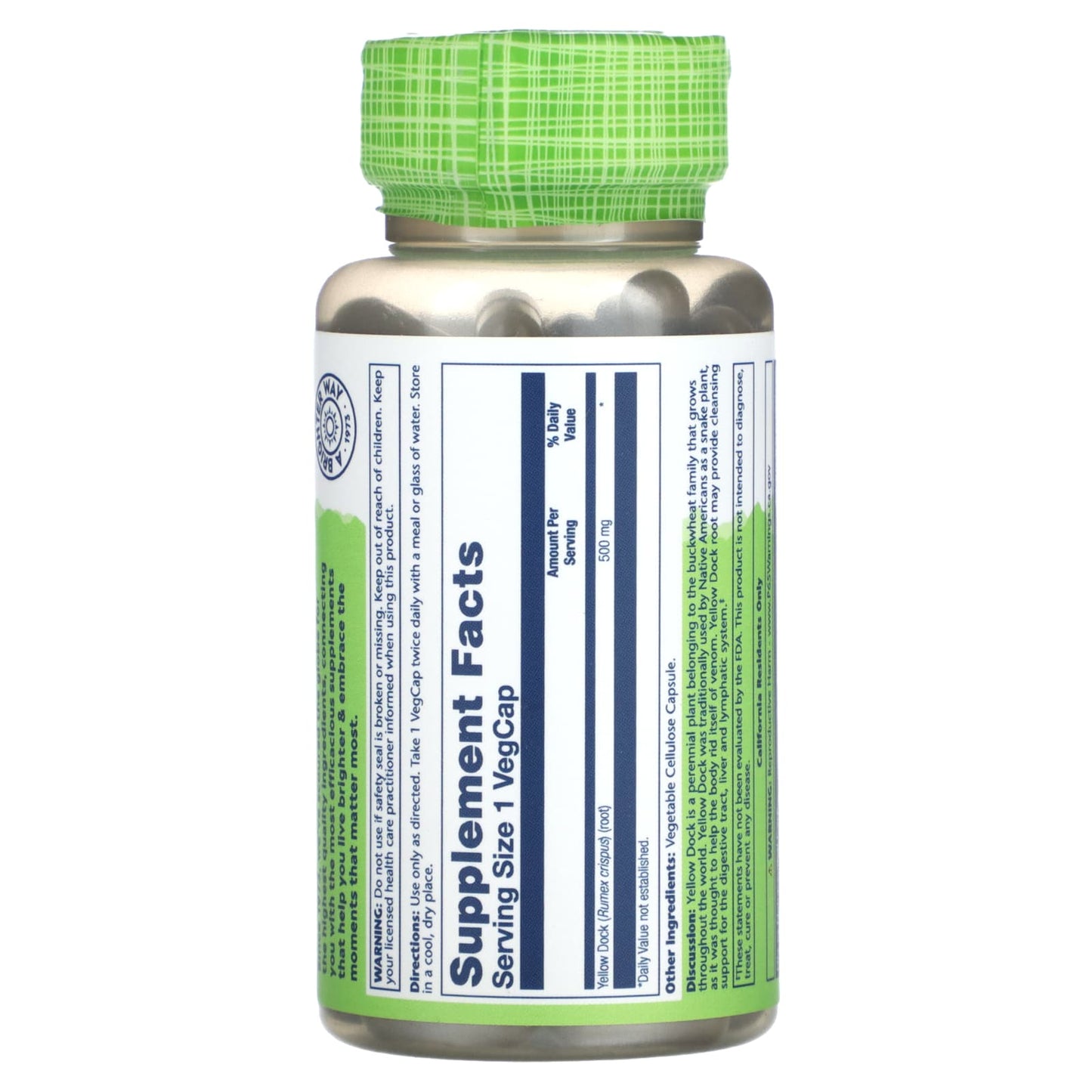 Solaray, True Herbs, Yellow Dock, 500 mg, 100 VegCaps UPC 076280017007 | HiLife Vitamins