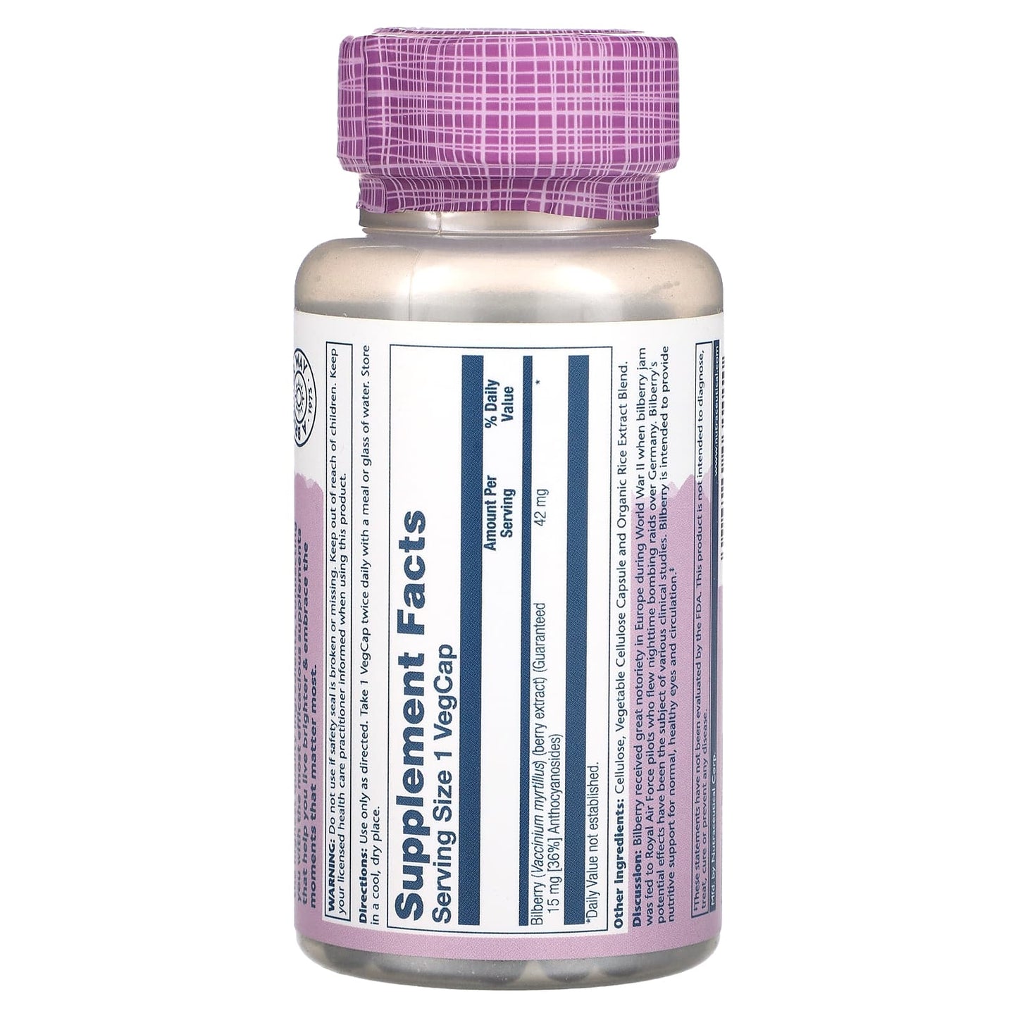 Solaray, Vital Extracts, Bilberry, 42 mg, 120 VegCaps UPC 076280031010 | HiLife Vitamins