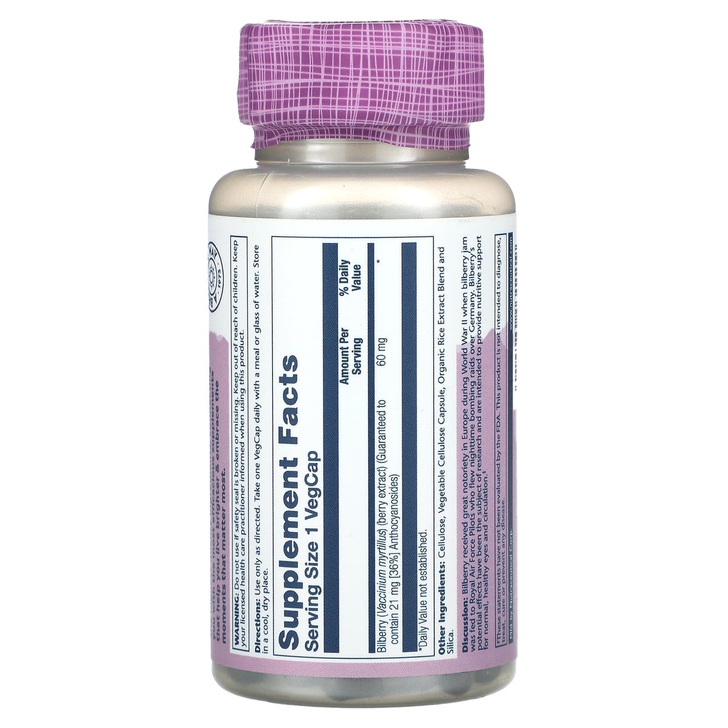 Solaray, Vital Extracts, Bilberry, 60 mg, 120 VegCaps UPC 076280031119 | HiLife Vitamins