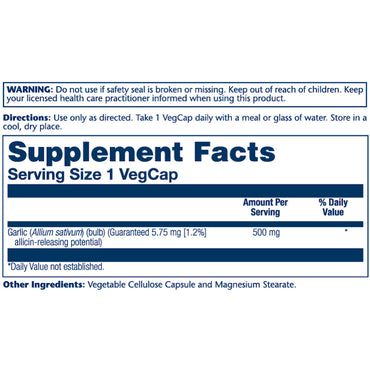 Solaray, Garlic 500 mg, 60 VegCaps UPC 076280034707 | HiLife Vitamins