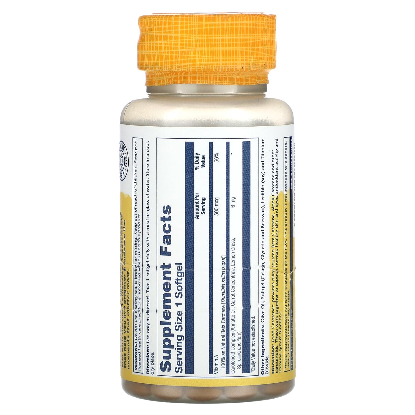 Solaray, Plant Source, Food Carotene with Beta Carotene & Carotenoid Complex, 500 mcg, 100 Softgels UPC 076280041101 | HiLife Vitamins