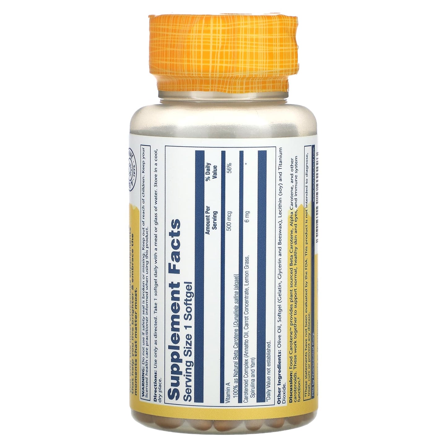 Solaray, Plant Source Food Carotene, 500 mcg, 200 Softgels UPC 076280041118 | HiLife Vitamins