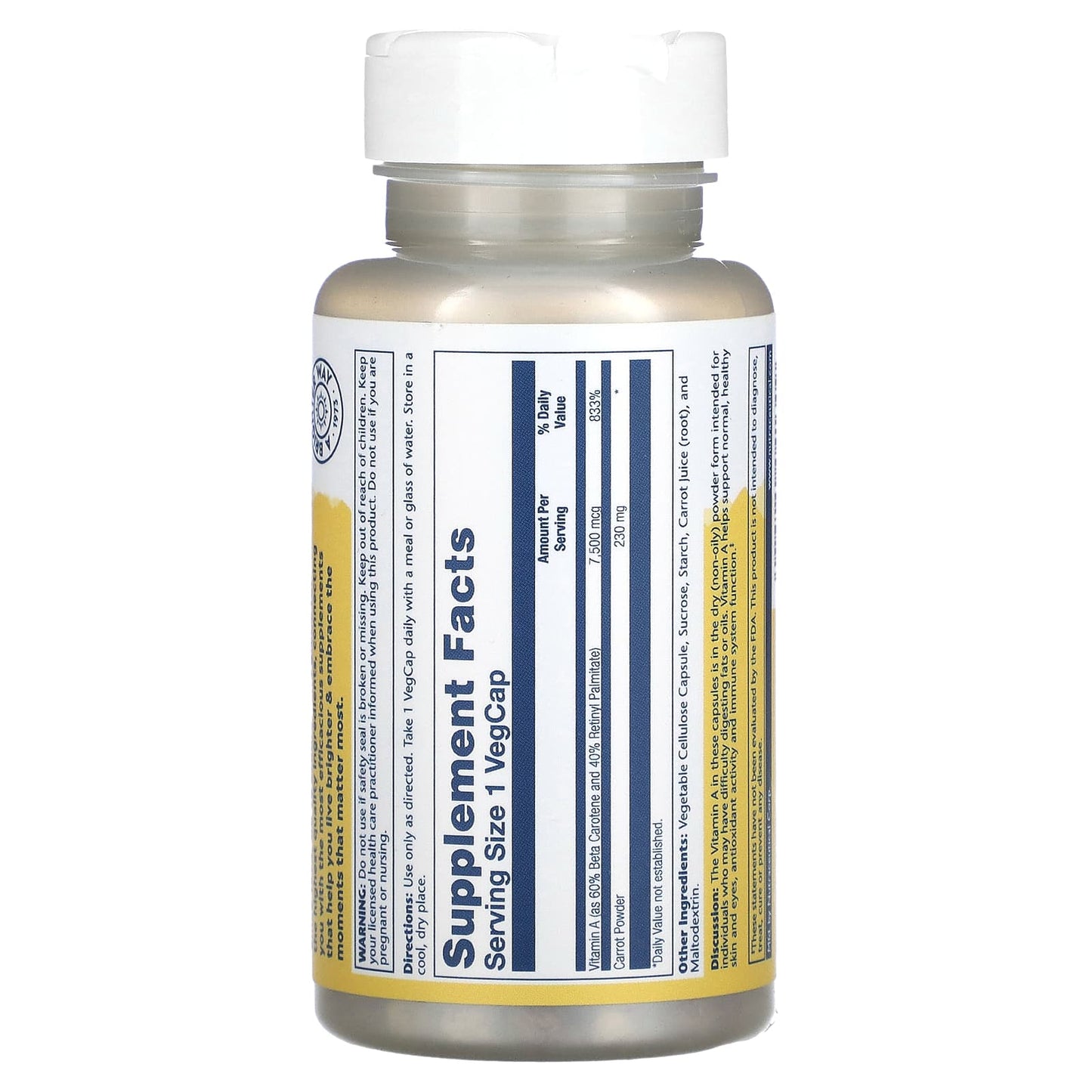 Solaray, Dry Form Vitamin A, 7,500 mcg, 60 VegCaps UPC 076280041309 | HiLife Vitamins