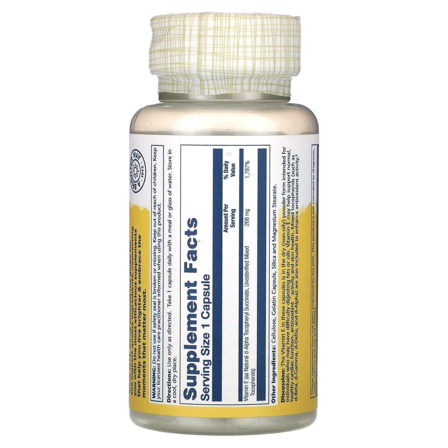 Solaray, Vitamin E, Dry Form, 268 mg, 50 Capsules UPC 076280041804 | HiLife Vitamins