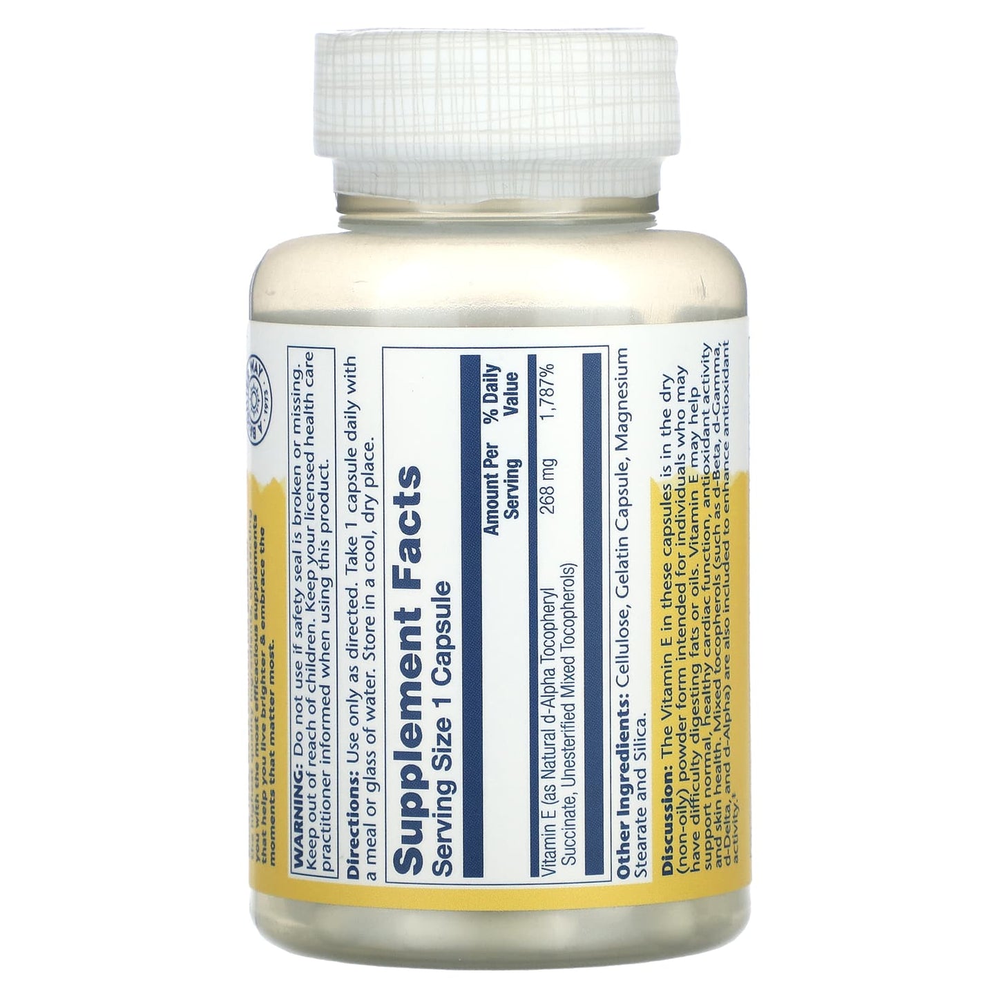 Solaray, Dry Form Vitamin E, 268 mg, 100 Capsules UPC 076280041811 | HiLife Vitamins