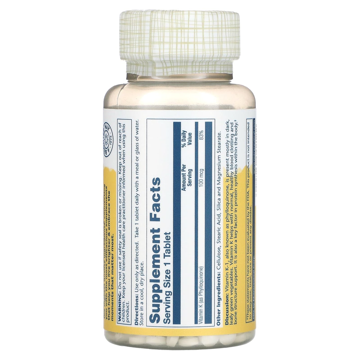 Solaray, K-1 Phylloquinone 100mcg, 100 Tablets UPC 076280042122 | HiLife Vitamins