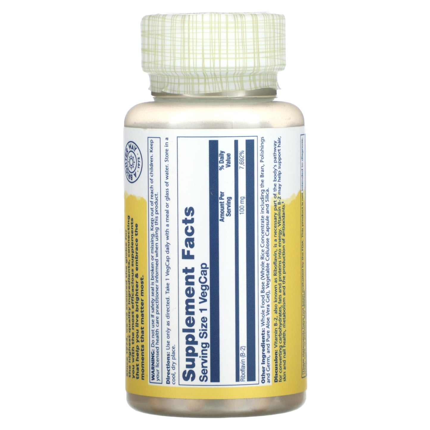 Solaray, Vitamin B-2, 100 mg, 100 VegCaps UPC 076280043273 | HiLife Vitamins