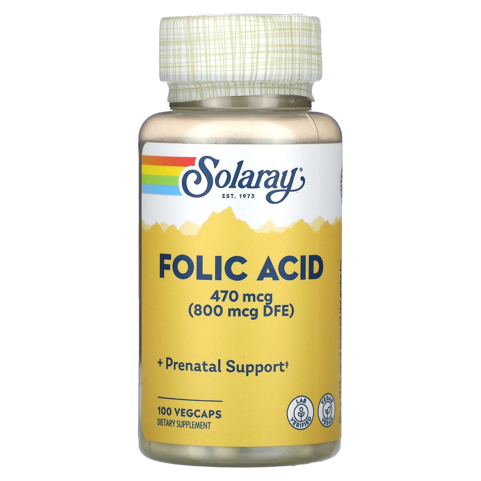 Solaray, Folic Acid, 470 mcg, 100 VegCaps UPC 076280043525 | HiLife Vitamins