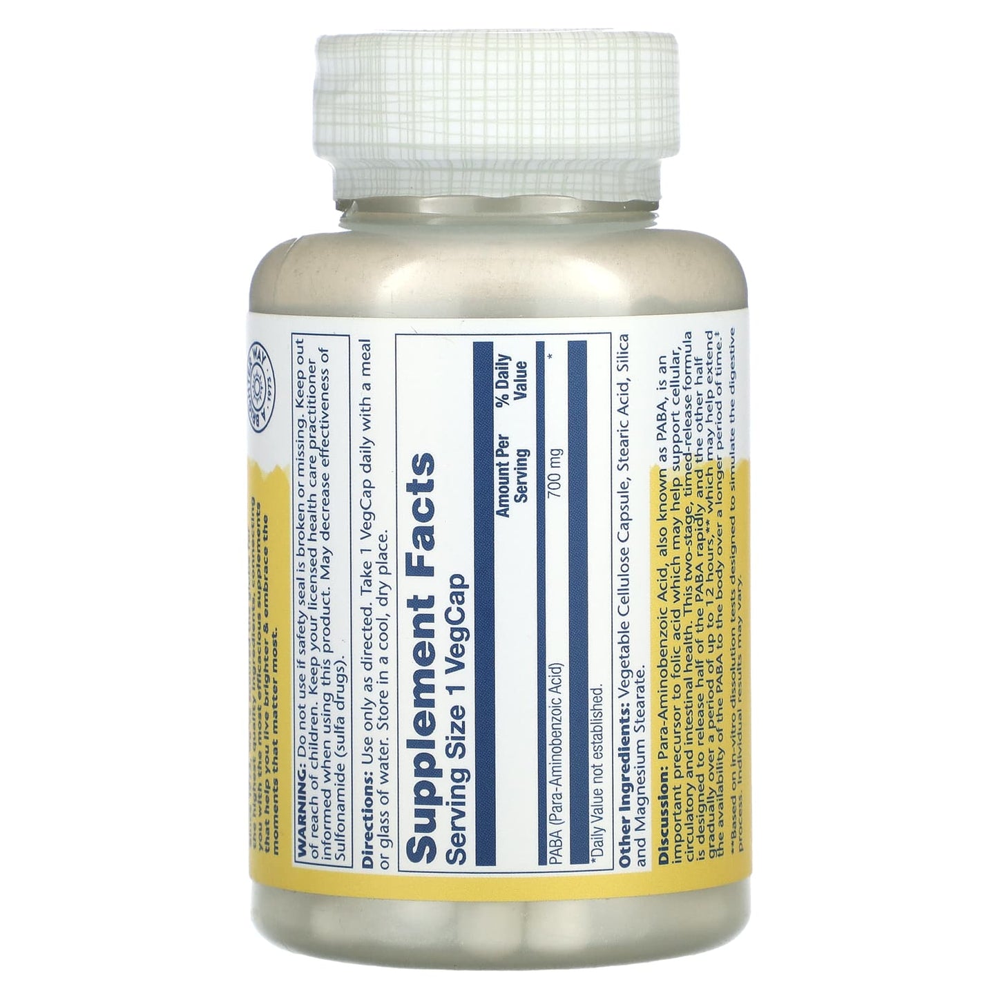 Solaray, Timed Release PABA, 700 mg, 100 VegCaps UPC 076280043693 | HiLife Vitamins