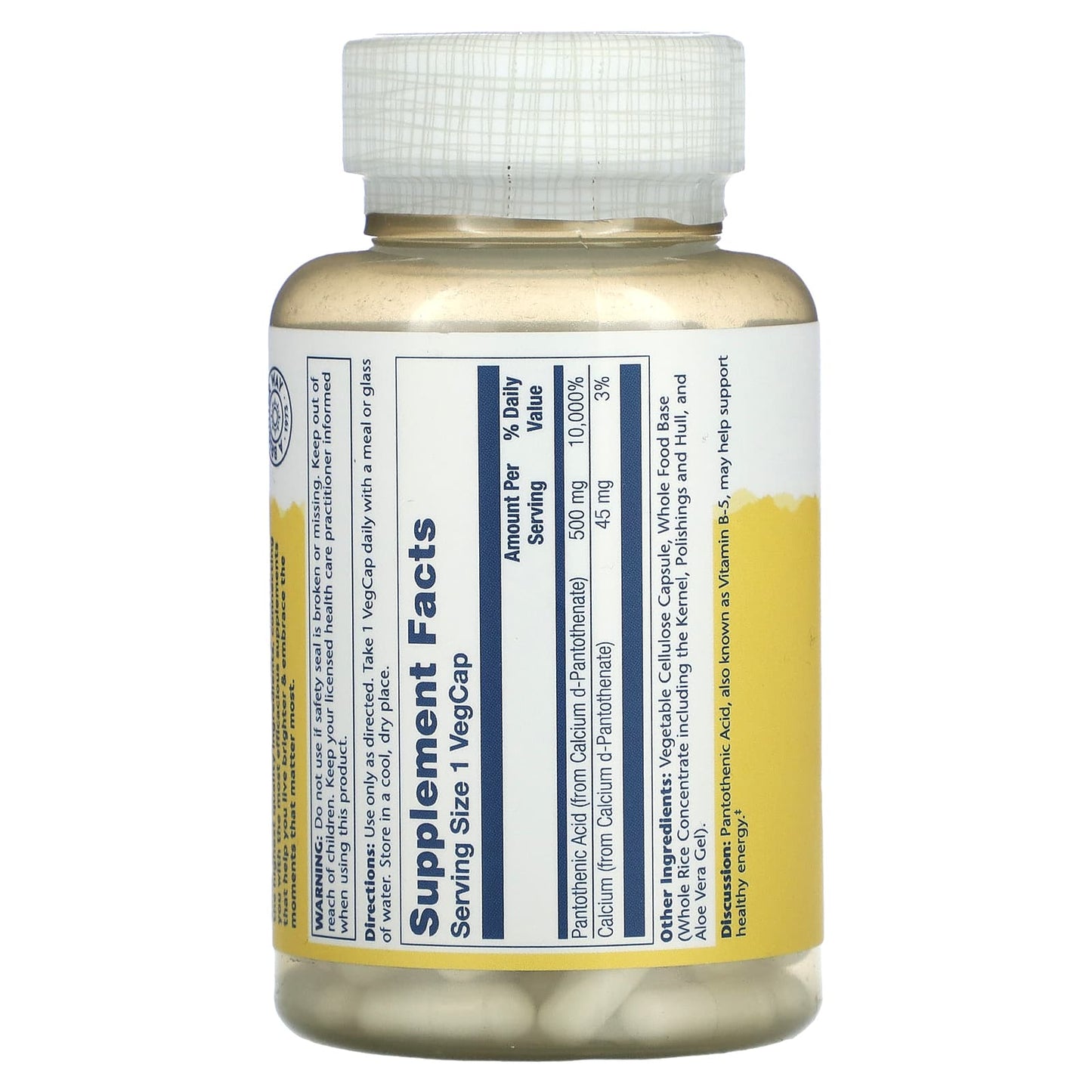 Solaray, Pantothenic Acid 500mg, 100 VegCaps UPC 076280043808 | HiLife Vitamins