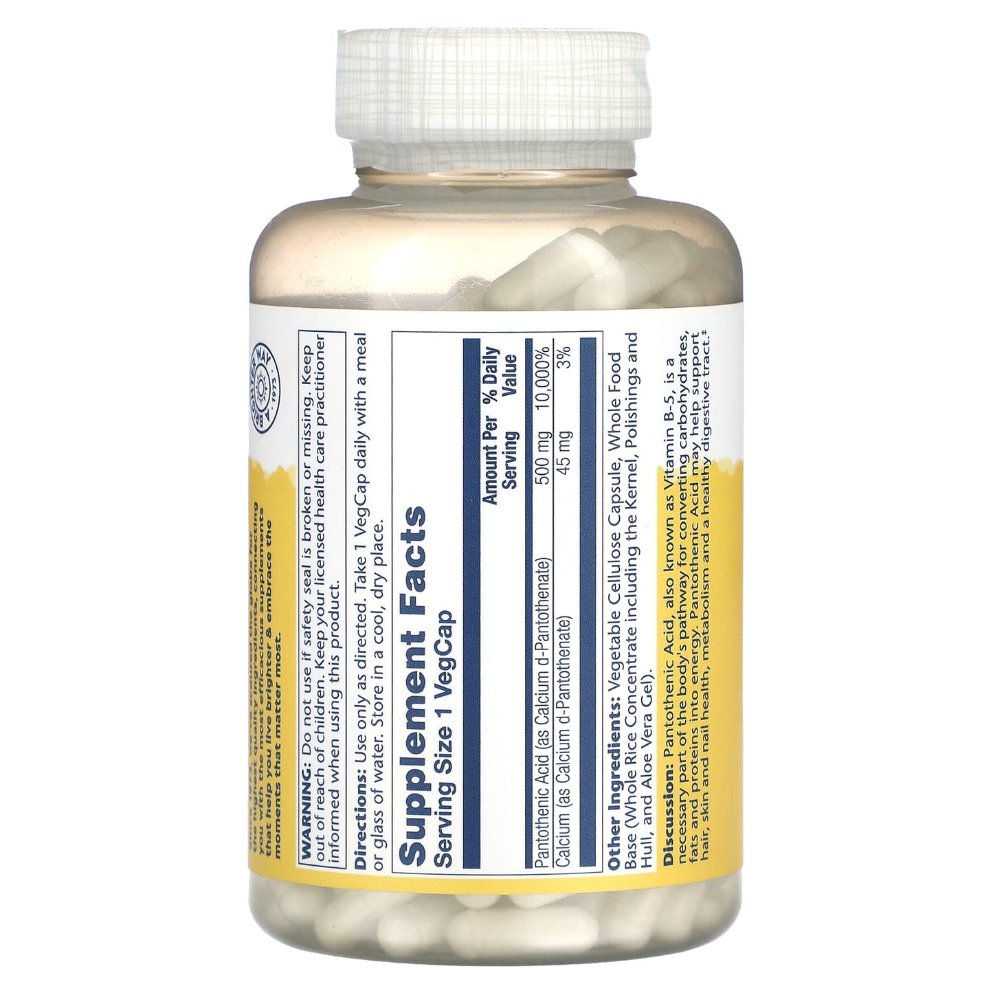 Solaray, Pantothenic Acid 500 mg, 250 VegCaps UPC 076280043815 | HiLife Vitamins