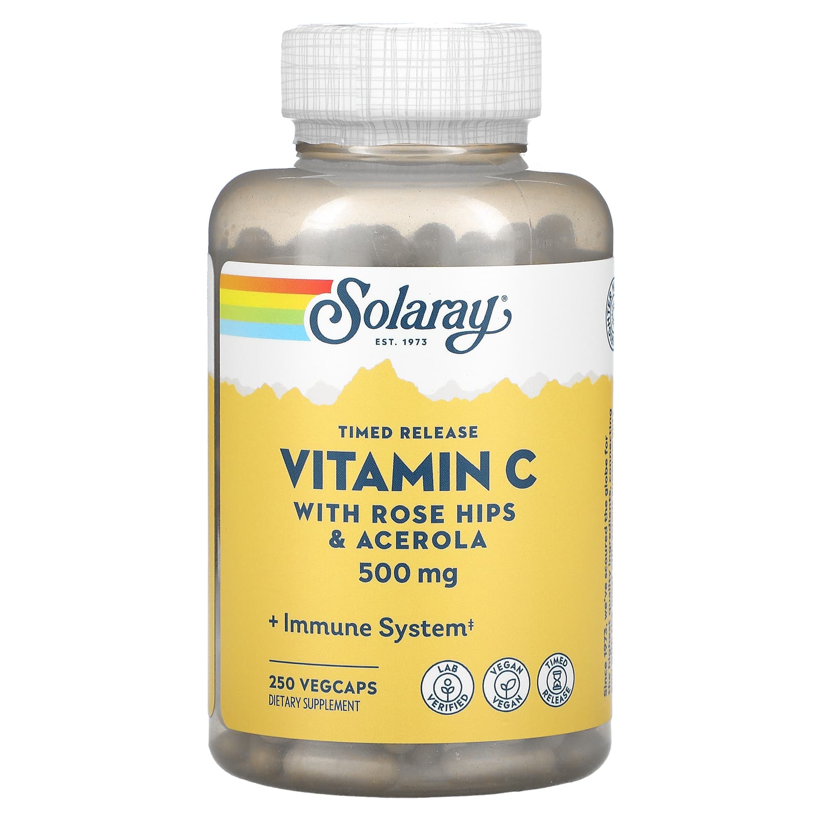 Solaray, Timed Release Vitamin C with Rose Hips & Acerola, 500 mg, 250 VegCaps UPC 076280044010 | HiLife Vitamins