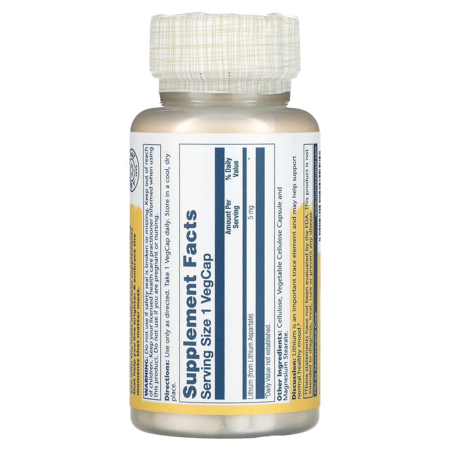Solaray, Lithium Aspartate 5 mg, 100 VegCaps UPC 076280045994 | HiLife Vitamins