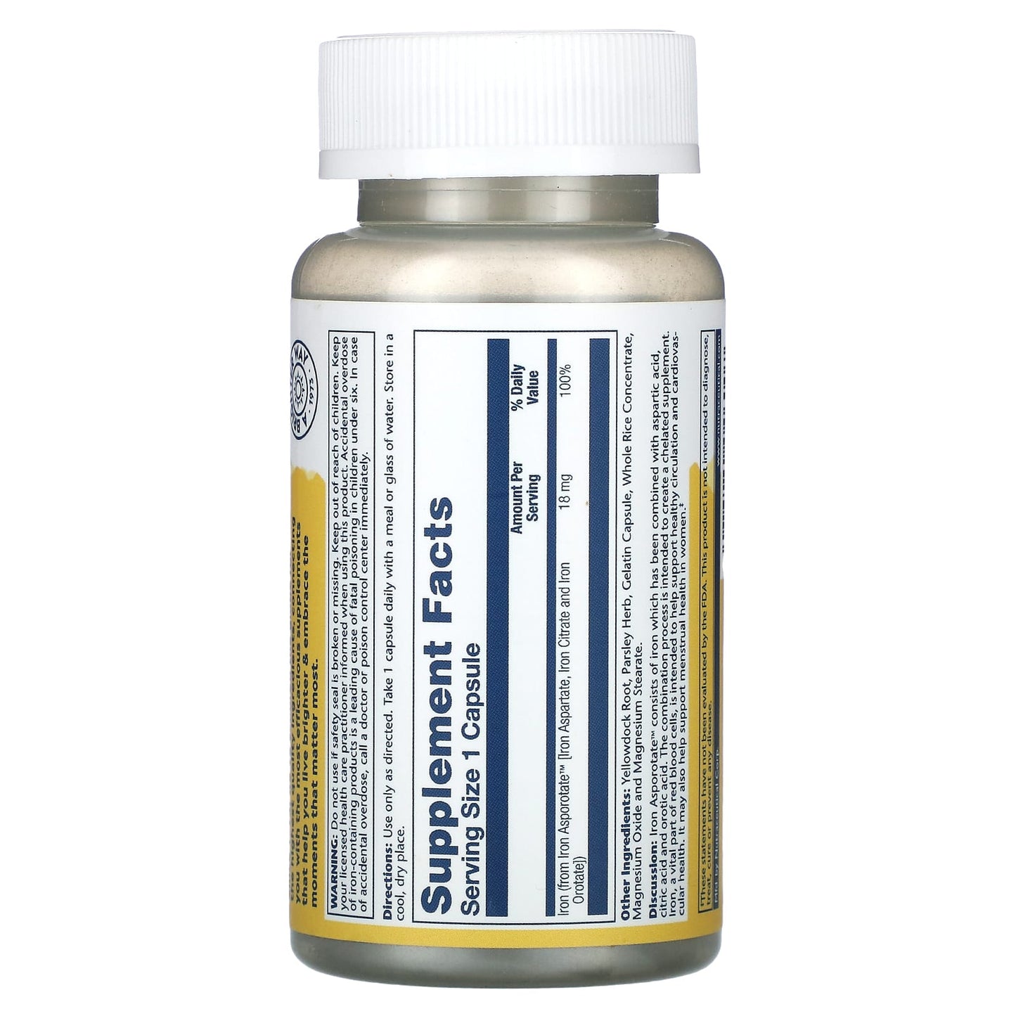 Solaray, Iron Asporotate, 18 mg, 100 Capsules UPC 076280046007 | HiLife Vitamins