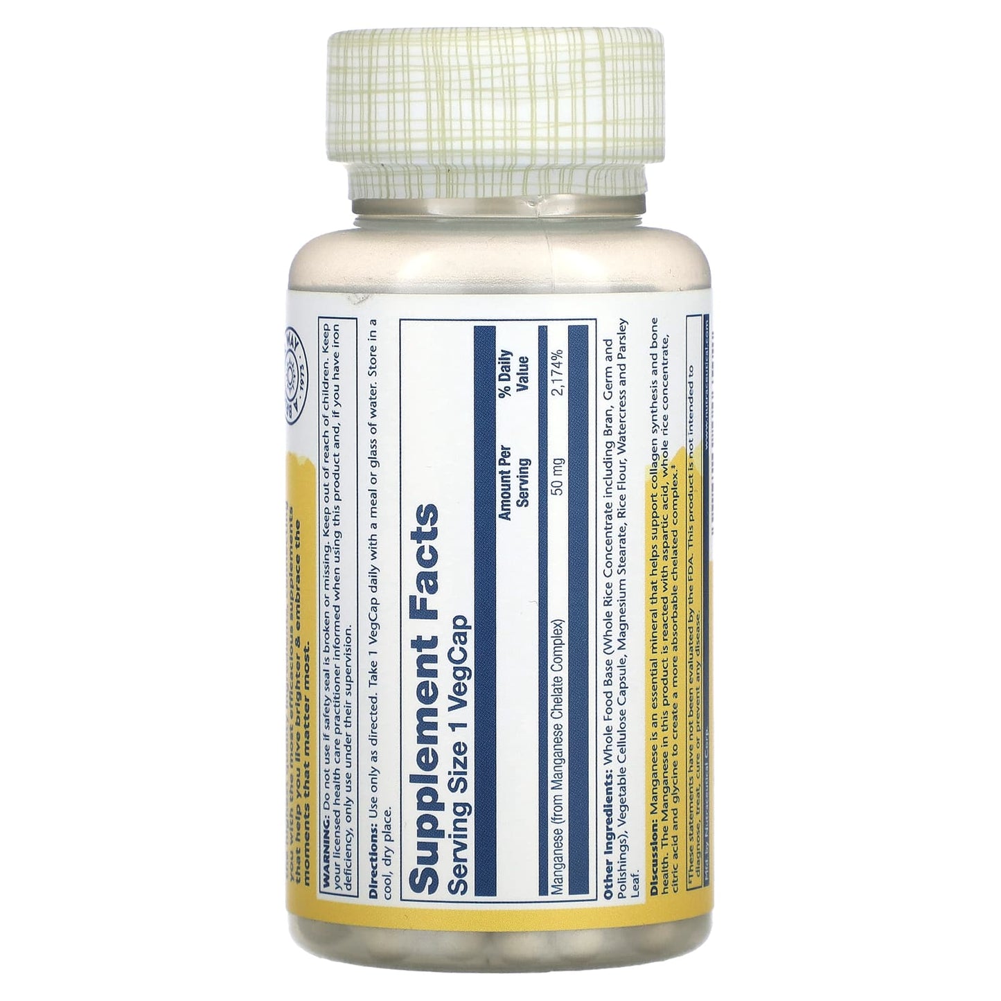 Solaray, Manganese, Advanced Chelate Complex, 50 mg, 100 VegCaps UPC 076280046502 | HiLife Vitamins