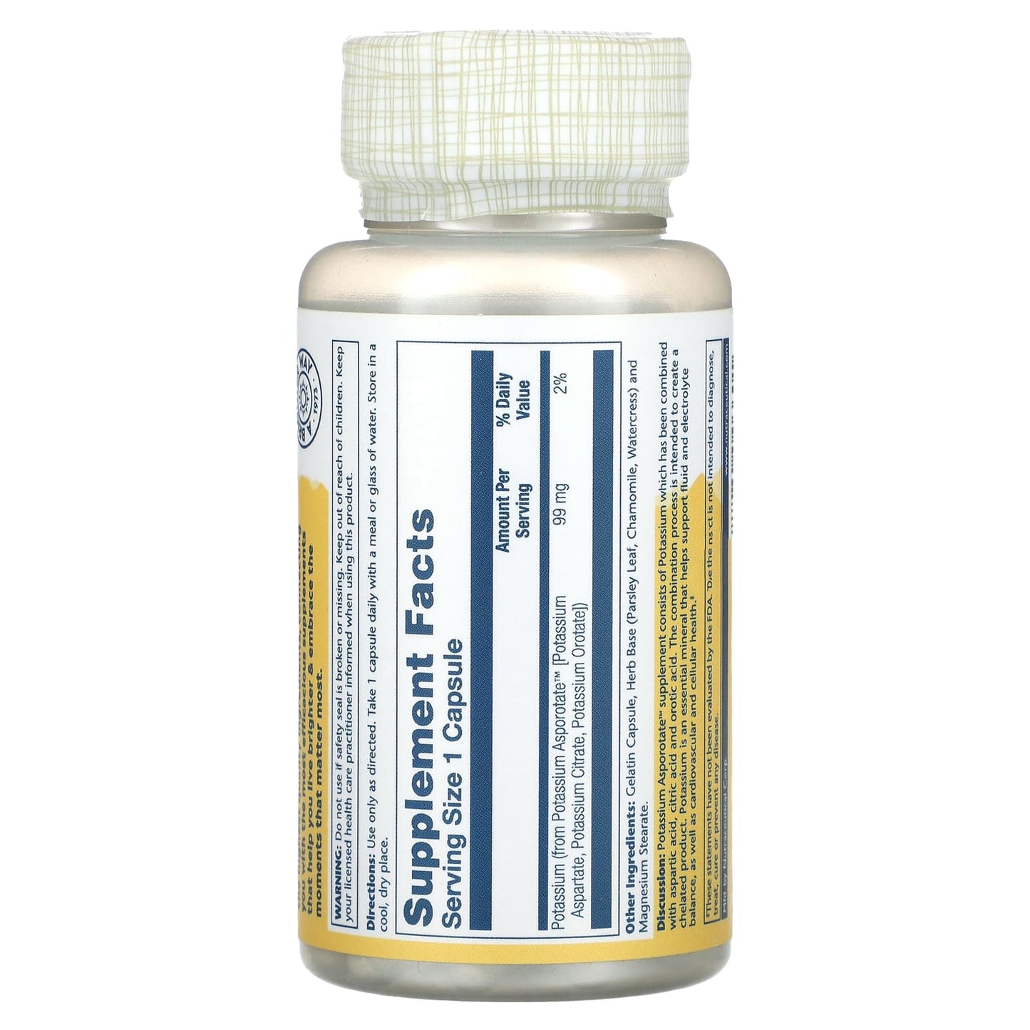 Solaray, Potassium Asporotate, 99 mg, 100 Capsules UPC 076280046601 | HiLife Vitamins