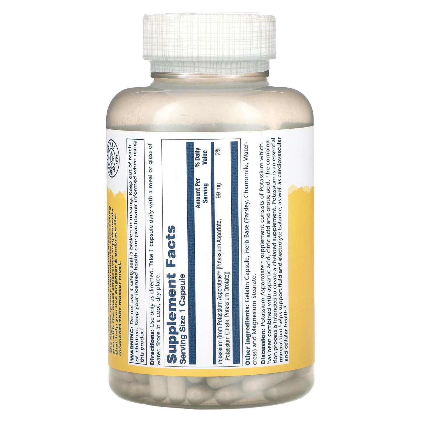 Solaray, Potassium Asporotate, 99 mg, 200 Capsules UPC 076280046618 | HiLife Vitamins