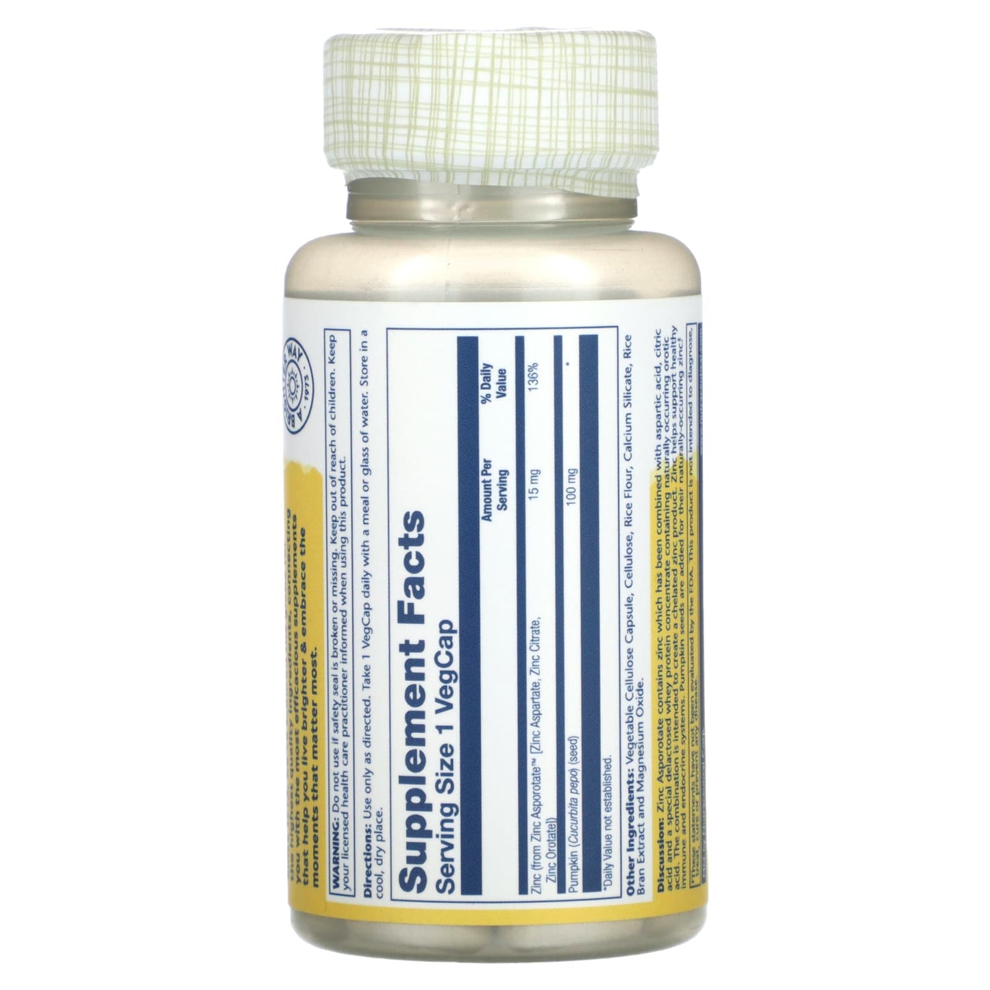 Solaray, Enhanced Absorption, Zinc Asporotate , 15 mg, 100 VegCaps UPC 076280047004 | HiLife Vitamins