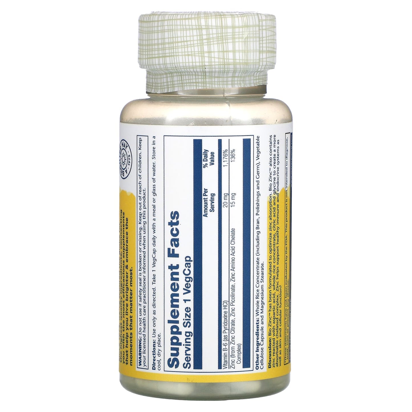 Solaray, Bio Zinc 15 mg, 100 VegCaps UPC 076280047059 | HiLife Vitamins