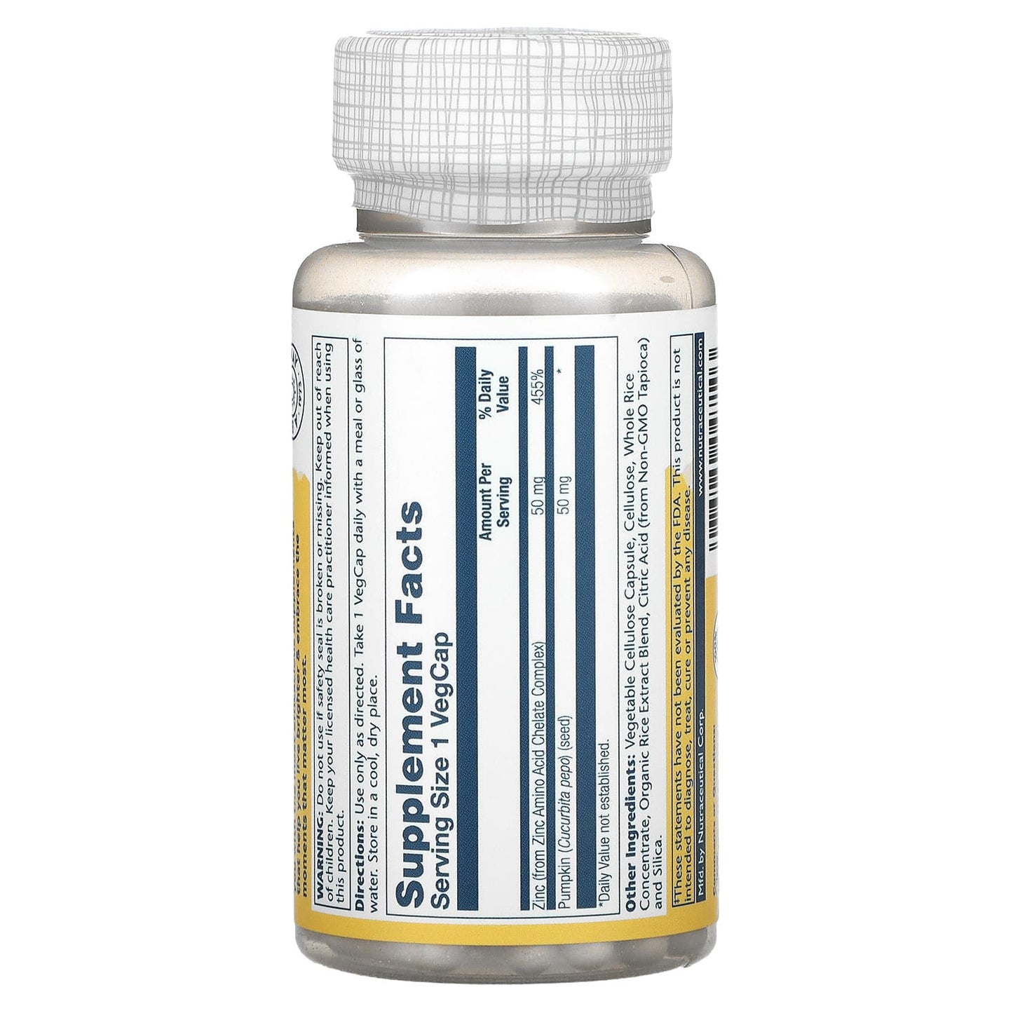 Solaray, Zinc 50 mg, 100 VegCaps UPC 076280047103 | HiLife Vitamins