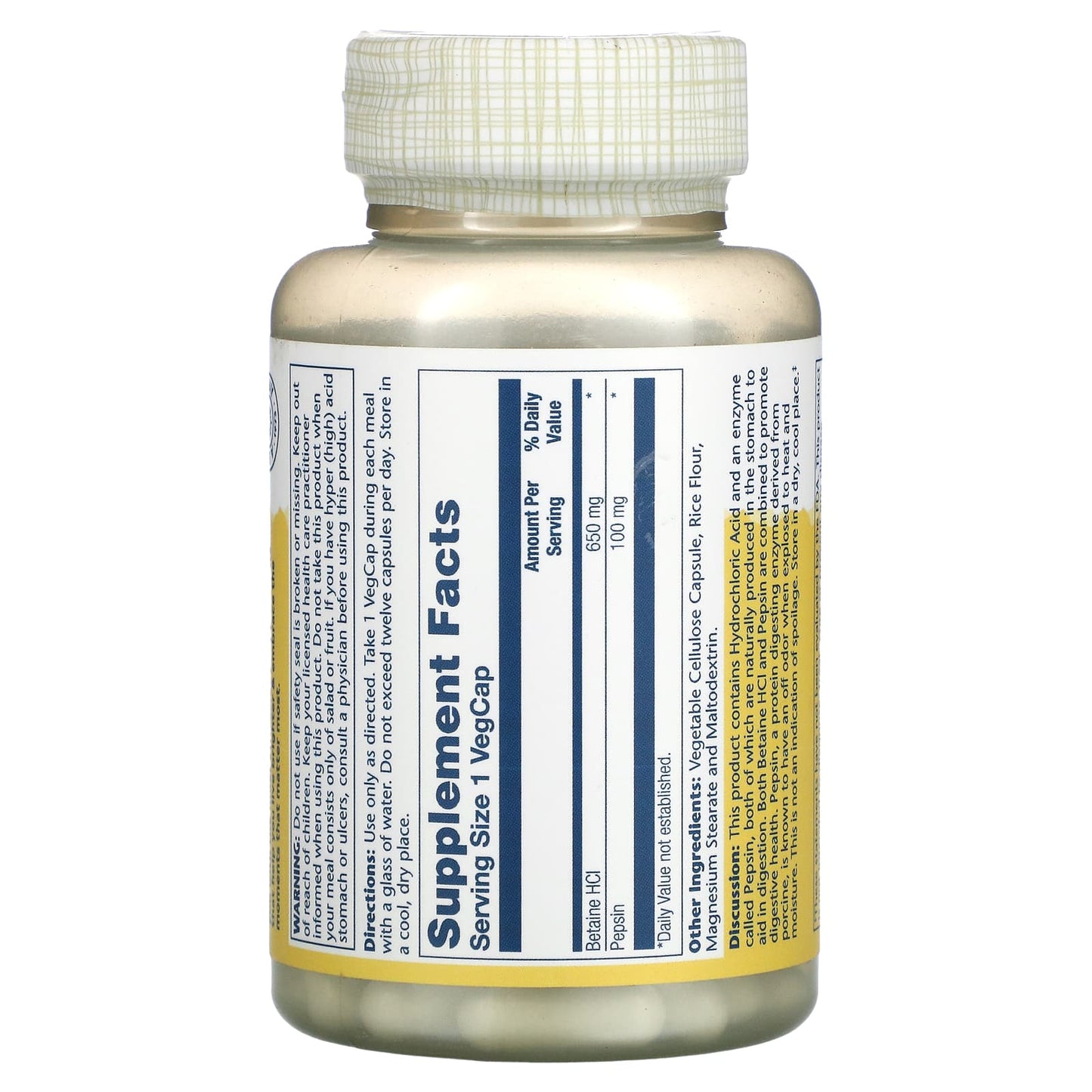 Solaray, HCL with Pepsin, 650 mg, 100 Vegetarian Capsules UPC 076280048148 | HiLife Vitamins