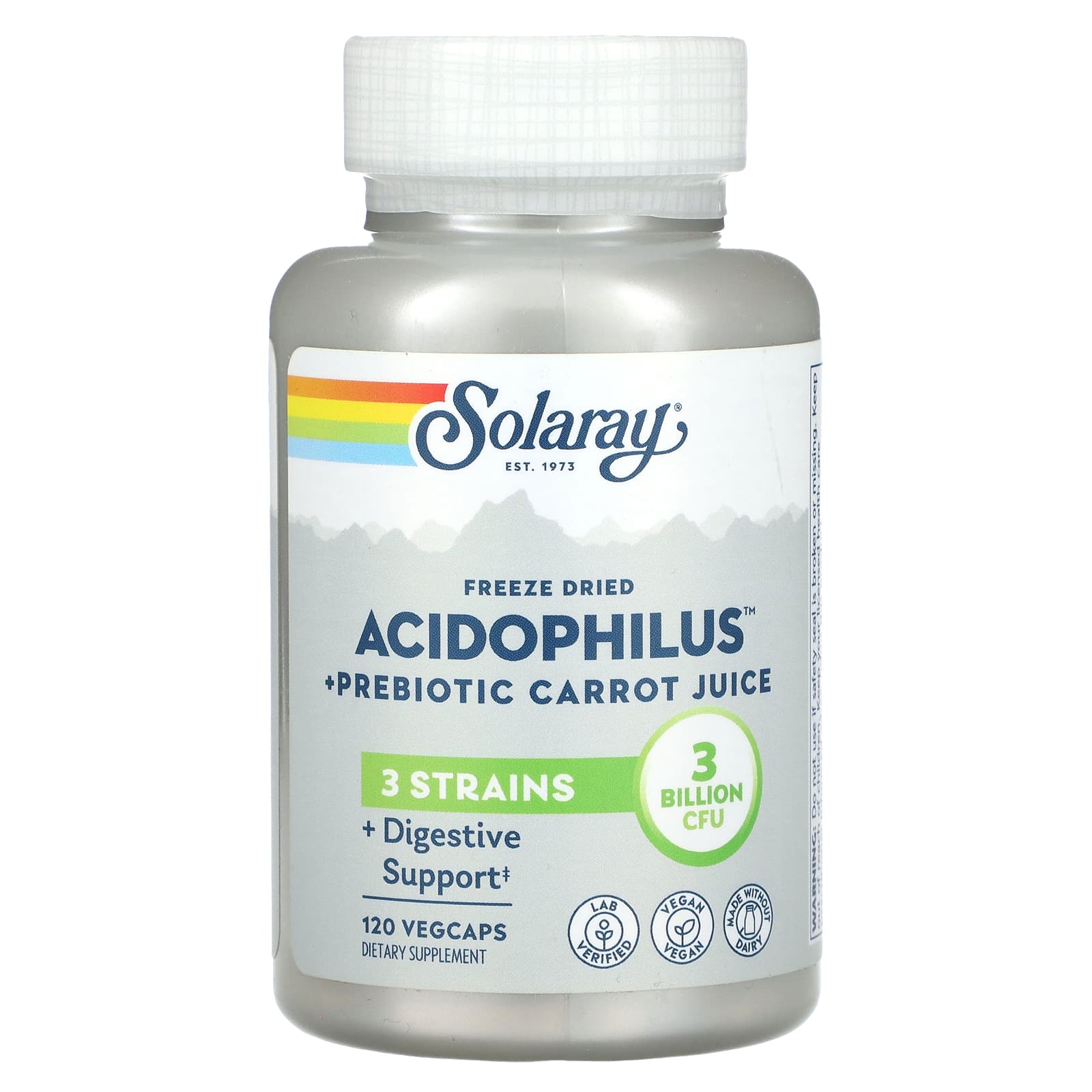 Solaray, Freeze Dried Acidophilus & Prebiotic Carrot Juice, 3 Billion CFU, 120 VegCaps UPC 076280048278 | HiLife Vitamins