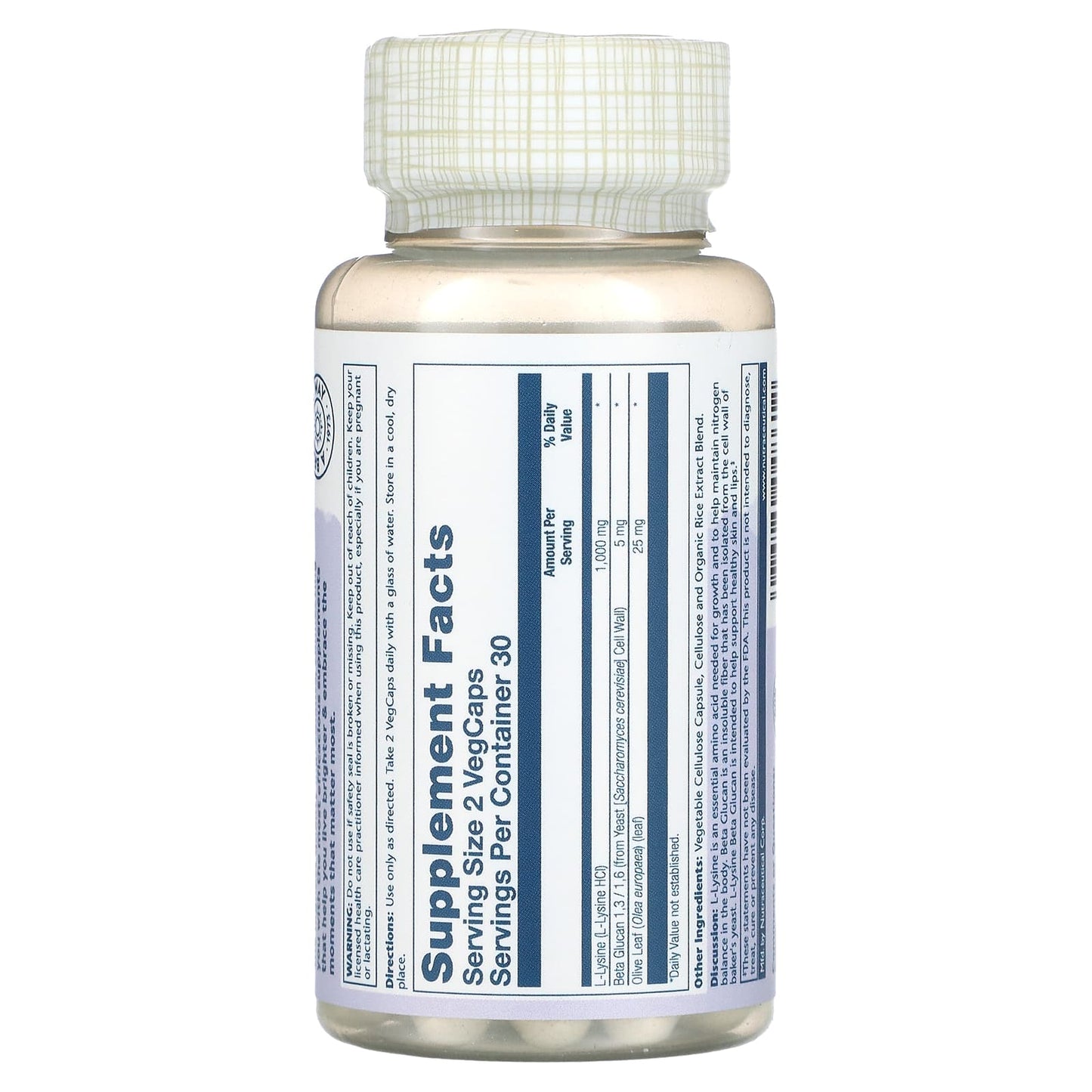 Solaray, L-Lysine & Beta Glucan, 500 mg, 60 VegCaps UPC 076280048612 | HiLife Vitamins