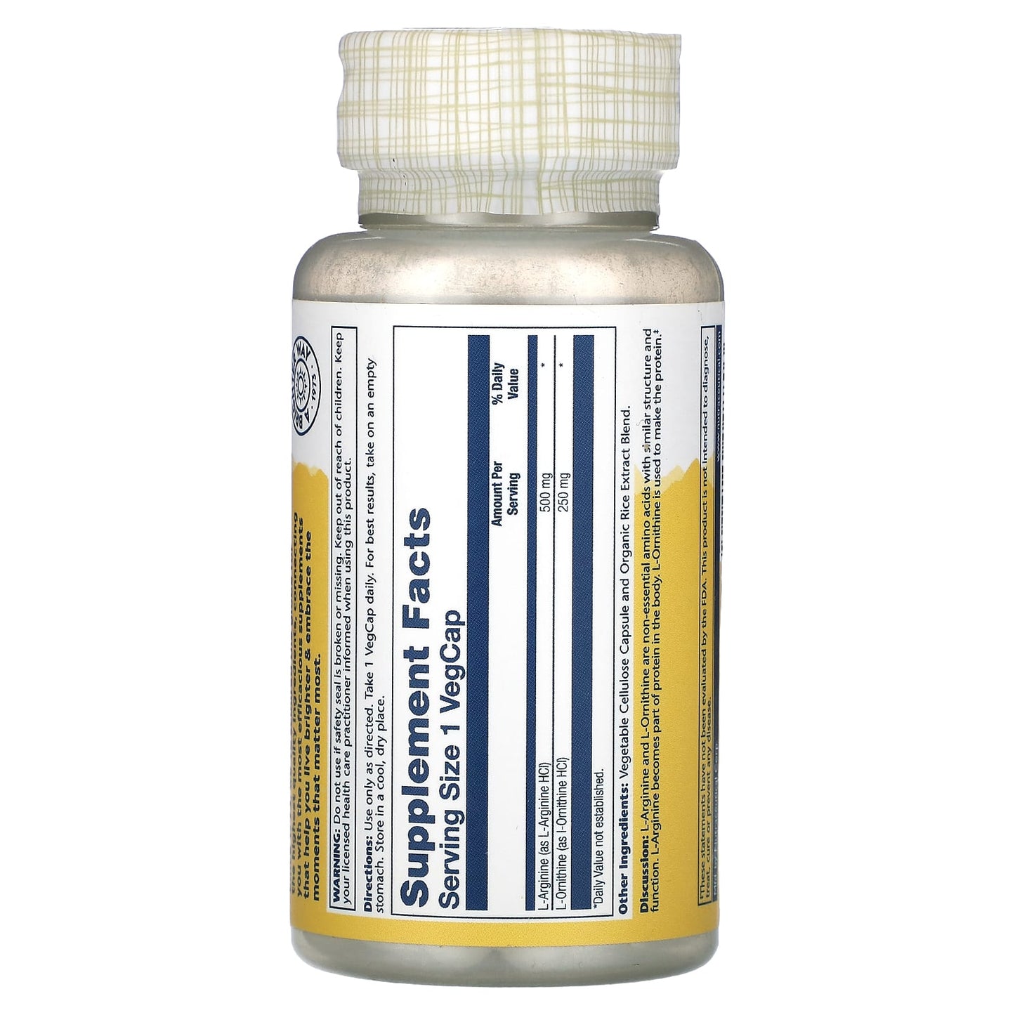 Solaray, L-Arginine L-Ornithine, 750 mg, 50 VegCaps UPC 076280048803 | HiLife Vitamins