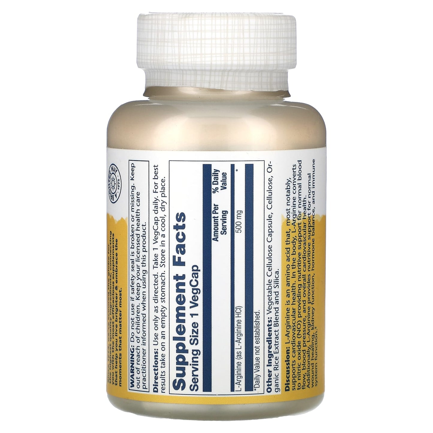 Solaray, L-Arginine , 500 mg, 100 VegCaps UPC 076280048988 | HiLife Vitamins