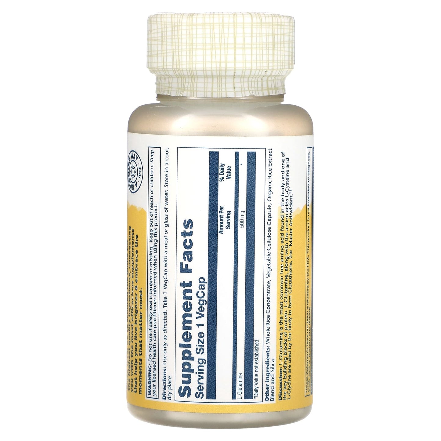 Solaray, L-Glutamine , 500 mg, 50 VegCaps UPC 076280049206 | HiLife Vitamins