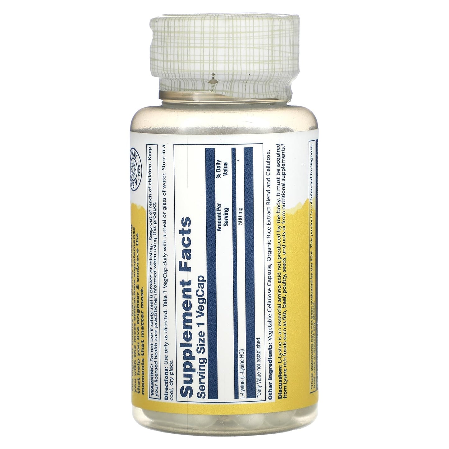 Solaray, L-Lysine Free Form 500mg, 60 VegCaps UPC 076280049404 | HiLife Vitamins